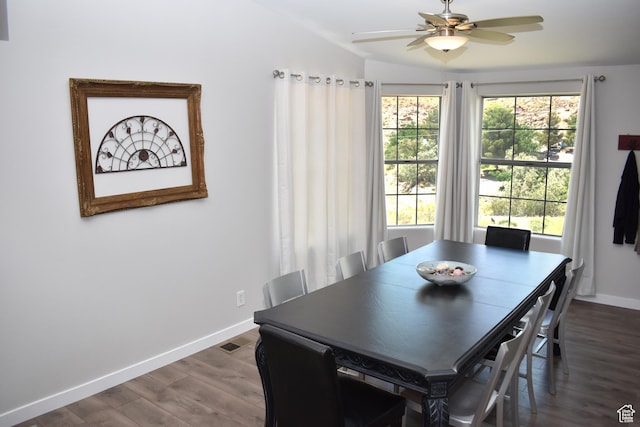 527 S Moenkopi Dr, Leeds, UT 84746 - dining room with baseboards, dark wood finished floors, a ceiling fan, and lofted ceiling