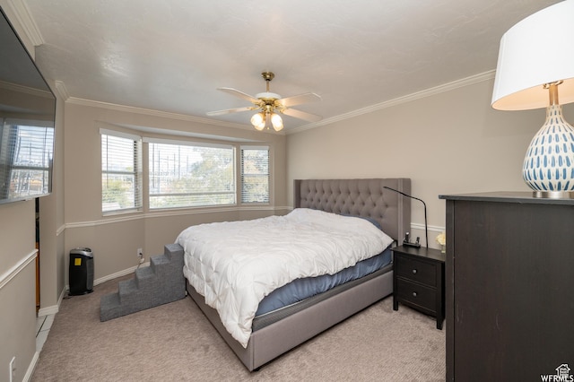910 W Brandermill Cv, Murray, UT 84123 - bedroom with light carpet, baseboards, ornamental molding, and ceiling fan