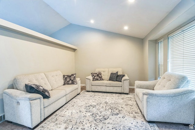 910 W Brandermill Cv, Murray, UT 84123 - living room featuring carpet flooring, baseboards, vaulted ceiling, and recessed lighting
