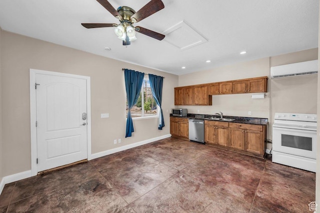 40 W Pecan Ln, Leeds, UT 84746 - kitchen with appliances with stainless steel finishes, a sink, dark countertops, a wall mounted AC, and brown cabinetry
