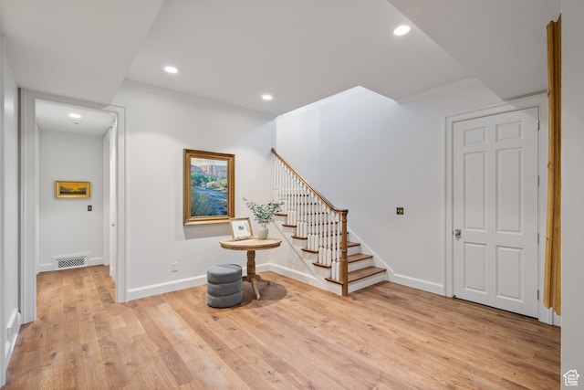 1449 Annie Cir N, Alpine, UT 84004 - entrance foyer featuring ornamental molding, stairs, recessed lighting, light wood finished floors, and baseboards
