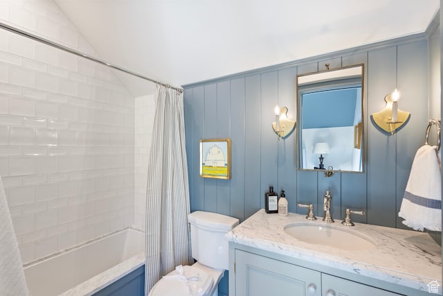 1449 Annie Cir N, Alpine, UT 84004 - full bathroom with vanity, toilet, shower / tub combo with curtain, and vaulted ceiling