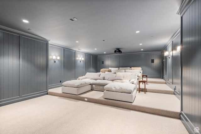 1449 Annie Cir N, Alpine, UT 84004 - home theater featuring a decorative wall, carpet flooring, ornamental molding, and recessed lighting