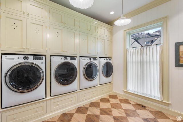 1449 Annie Cir N, Alpine, UT 84004 - laundry area featuring washer and clothes dryer, cabinet space, baseboards, recessed lighting, and light floors