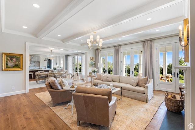1449 Annie Cir N, Alpine, UT 84004 - living area featuring french doors, beam ceiling, light wood-style floors, baseboards, and recessed lighting