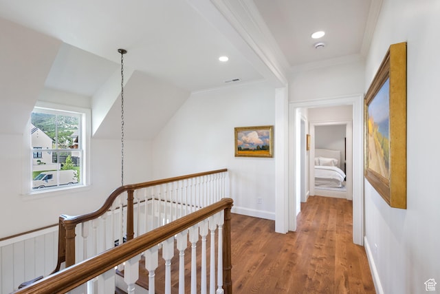 1449 Annie Cir N, Alpine, UT 84004 - hall featuring an upstairs landing, wood finished floors, recessed lighting, ornamental molding, and baseboards