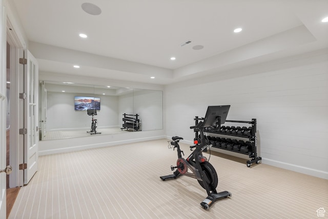 1449 Annie Cir N, Alpine, UT 84004 - workout room featuring baseboards, carpet floors, recessed lighting, and a tray ceiling