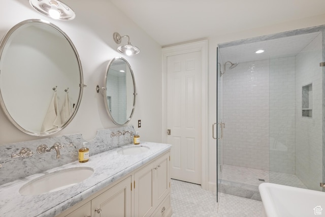1449 Annie Cir N, Alpine, UT 84004 - full bathroom with a stall shower, double vanity, a freestanding tub, and tile patterned flooring