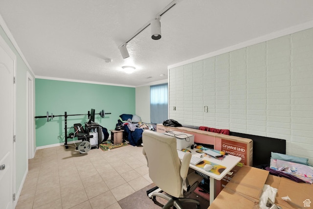 1657 N 1500 W, Clinton, UT 84015 - home office featuring a textured ceiling, tile patterned floors, rail lighting, crown molding, and baseboards