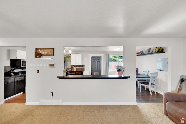1657 N 1500 W, Clinton, UT 84015 - kitchen with stainless steel microwave, carpet flooring, electric stove, white cabinets, and baseboards