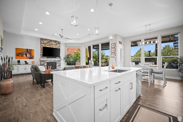 97 S 495 W, Ivins, UT 84738 - kitchen with ceiling fan, a sink, a stone fireplace, dark wood-style floors, and recessed lighting