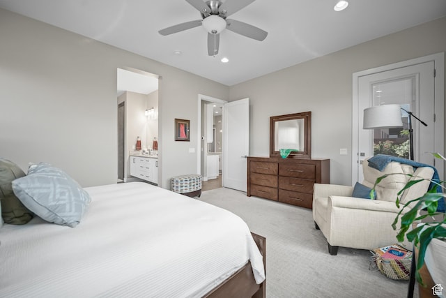 97 S 495 W, Ivins, UT 84738 - bedroom with recessed lighting, light colored carpet, connected bathroom, and a ceiling fan