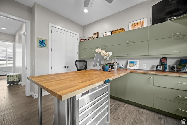 97 S 495 W, Ivins, UT 84738 - kitchen with wooden counters, green cabinetry, dark wood finished floors, an office area, and recessed lighting