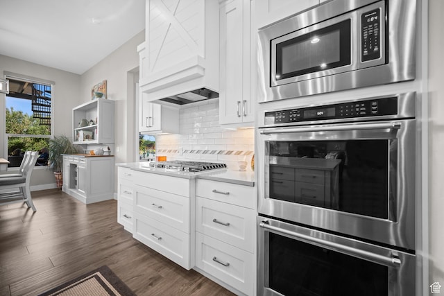 97 S 495 W, Ivins, UT 84738 - kitchen featuring appliances with stainless steel finishes, custom range hood, tasteful backsplash, open shelves, and dark wood-style floors