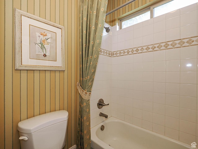 12687 S Verona Creek Way W, Riverton, UT 84065 - bathroom featuring wallpapered walls, shower / bath combination with curtain, and toilet