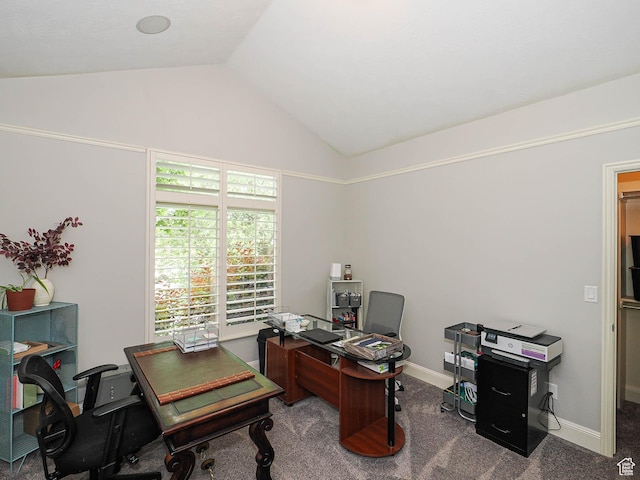 12687 S Verona Creek Way W, Riverton, UT 84065 - home office with vaulted ceiling, carpet flooring, and baseboards