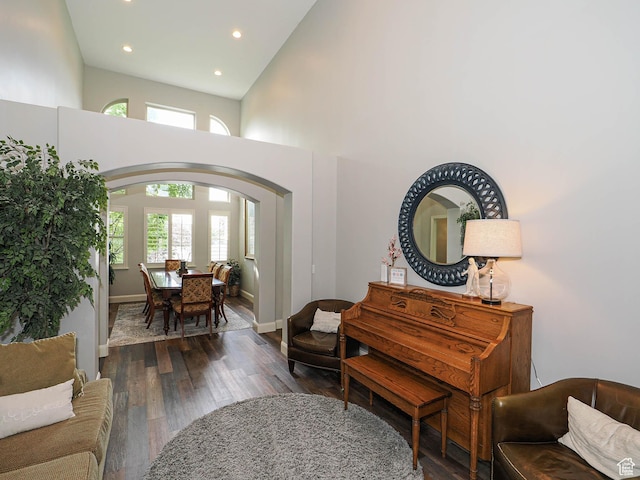 12687 S Verona Creek Way W, Riverton, UT 84065 - living area with arched walkways, a high ceiling, healthy amount of natural light, recessed lighting, and wood finished floors