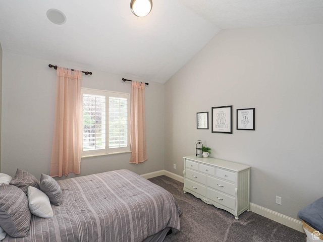 12687 S Verona Creek Way W, Riverton, UT 84065 - bedroom featuring dark colored carpet, vaulted ceiling, and baseboards