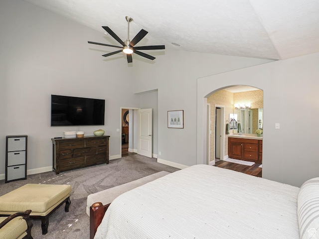 12687 S Verona Creek Way W, Riverton, UT 84065 - bedroom featuring lofted ceiling, arched walkways, carpet floors, baseboards, and ceiling fan