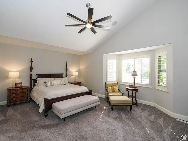 12687 S Verona Creek Way W, Riverton, UT 84065 - carpeted bedroom featuring baseboards, high vaulted ceiling, and ceiling fan