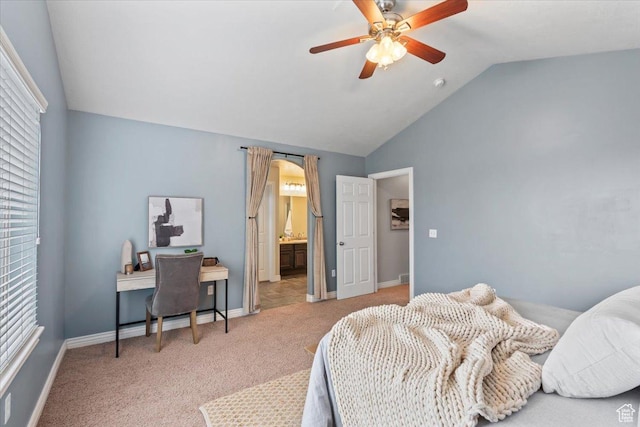 1853 W 2300 S, Woods Cross, UT 84087 - bedroom featuring vaulted ceiling, carpet, an office area, baseboards, and a ceiling fan