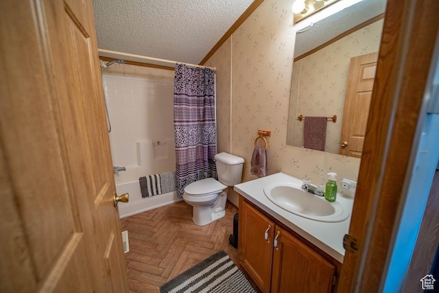 1700 W 2250 N, Helper, UT 84526 - full bathroom with a textured ceiling, vanity, toilet, shower / bath combo with shower curtain, and ornamental molding