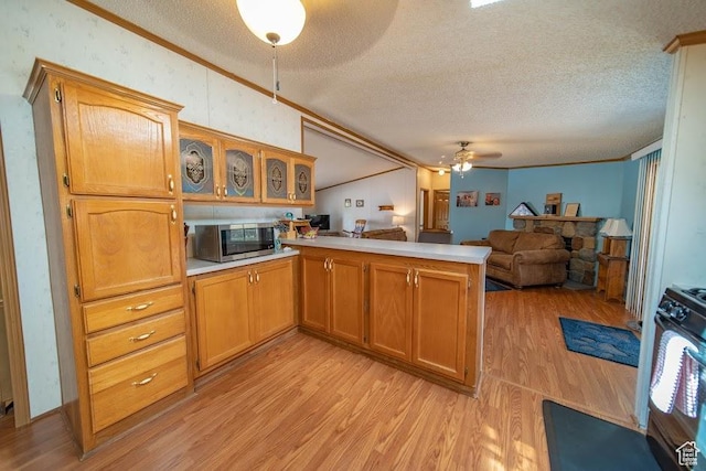 1700 W 2250 N, Helper, UT 84526 - kitchen featuring stainless steel microwave, a peninsula, ceiling fan, light wood-style flooring, and a textured ceiling