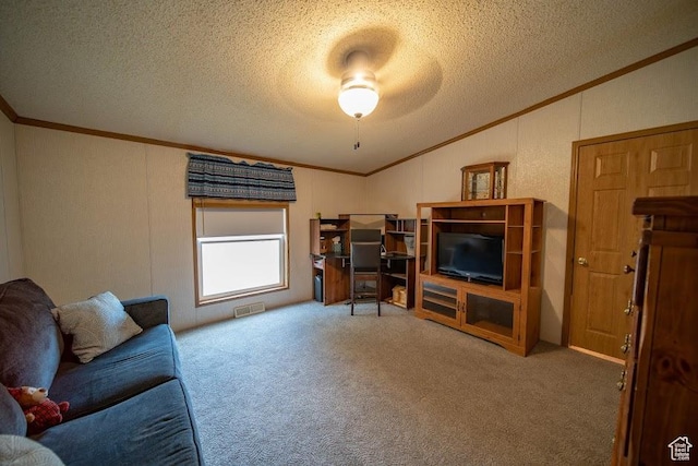1700 W 2250 N, Helper, UT 84526 - living room featuring crown molding, vaulted ceiling, a textured ceiling, and carpet floors