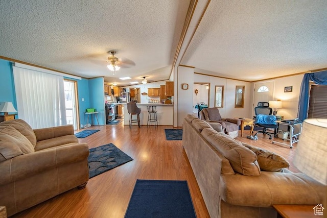 1700 W 2250 N, Helper, UT 84526 - living room with ornamental molding, vaulted ceiling, a textured ceiling, light wood-style flooring, and ceiling fan