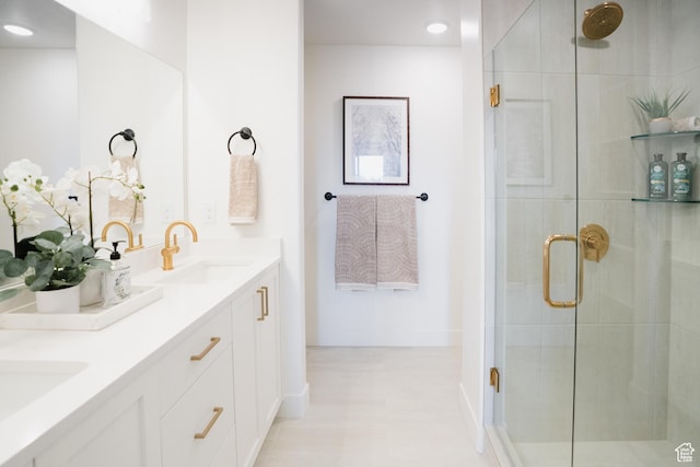 866 S 320 E Unit 168, Spanish Fork, UT 84660 - bathroom featuring a shower stall, double vanity, and baseboards