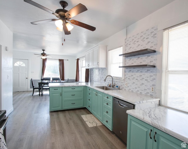 97 N 400 W, Aurora, UT 84620 - kitchen featuring stainless steel dishwasher, a sink, green cabinets, and a ceiling fan