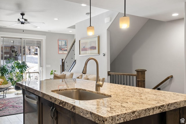 13597 N Hillclimb Ln, Kamas, UT 84036 - kitchen with a sink, a ceiling fan, dark brown cabinets, pendant lighting, and recessed lighting
