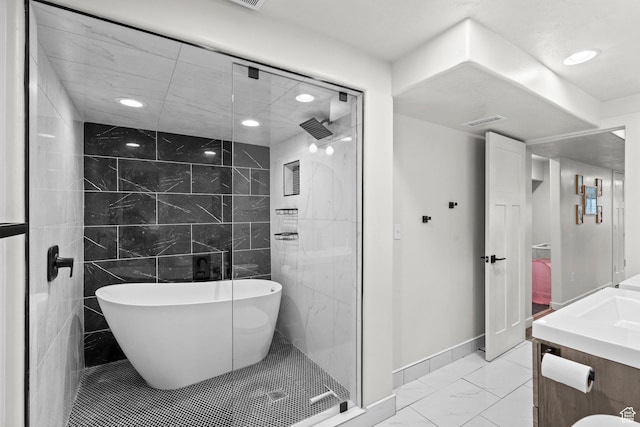 159 E Tranquil Cir, Saratoga Springs, UT 84045 - bathroom featuring marble finish flooring, vanity, a soaking tub, a stall shower, and baseboards