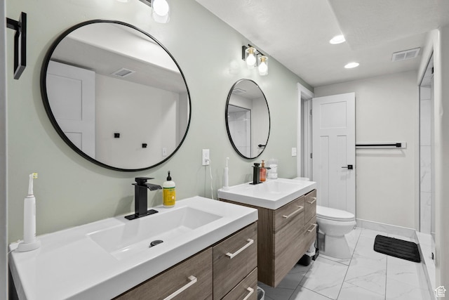 159 E Tranquil Cir, Saratoga Springs, UT 84045 - full bath featuring two vanities, marble finish floors, toilet, recessed lighting, and baseboards