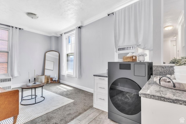 29 S State St Unit 216, Salt Lake City, UT 84111 - laundry room with radiator heating unit, ornamental molding, baseboards, light wood-style floors, and washer / clothes dryer