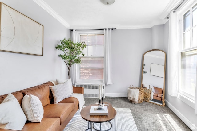 29 S State St Unit 216, Salt Lake City, UT 84111 - living area with radiator heating unit, crown molding, carpet floors, and baseboards