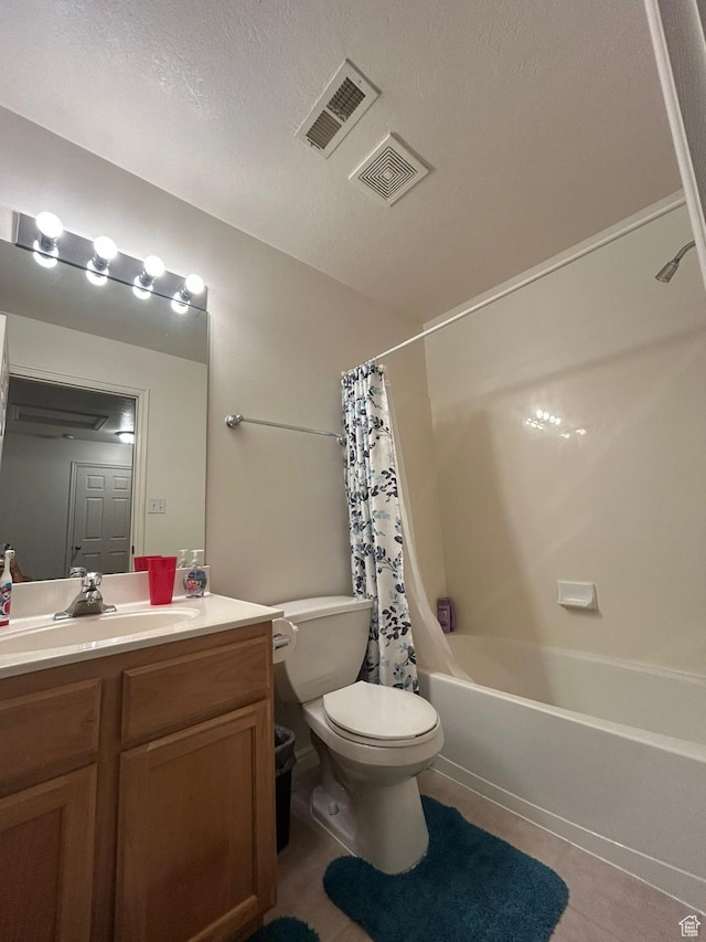 3878 W Sage Willow Dr, South Jordan, UT 84009 - full bathroom featuring toilet, shower / tub combo with curtain, vanity, tile patterned floors, and a textured ceiling