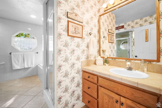 1262 W Dusty Downs Cir S, Jordan, UT 84095 - full bath with vanity, a stall shower, wallpapered walls, and tile patterned flooring