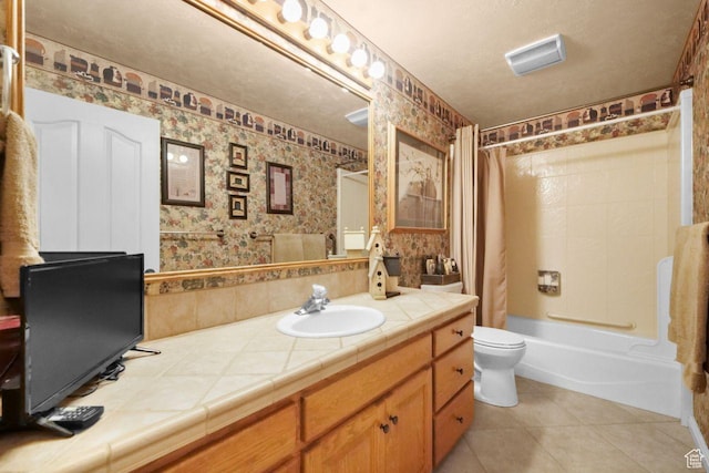 1262 W Dusty Downs Cir S, Jordan, UT 84095 - bathroom featuring vanity, shower / bath combo with shower curtain, toilet, tile patterned flooring, and wallpapered walls