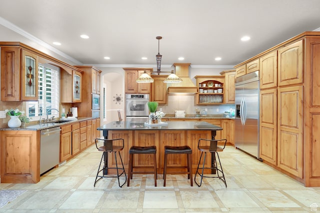 2221 E Fisher Ln S, Salt Lake City, UT 84109 - kitchen featuring built in appliances, a sink, a center island, open shelves, and ornamental molding