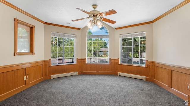 1580 E 1630 N, North Logan, UT 84341 - carpeted spare room featuring a baseboard radiator, wainscoting, crown molding, a ceiling fan, and vaulted ceiling