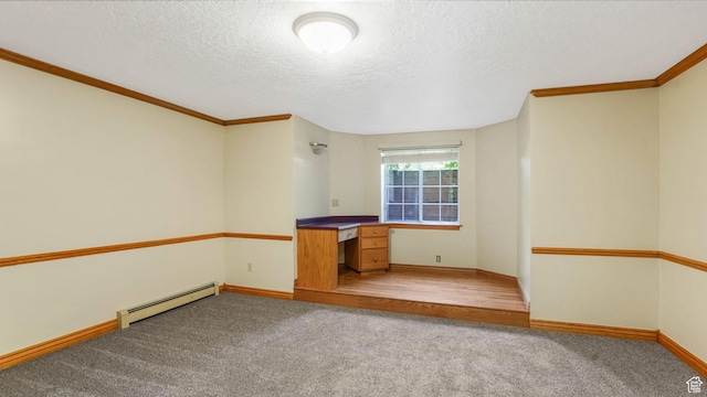 1580 E 1630 N, North Logan, UT 84341 - unfurnished living room with a baseboard radiator, crown molding, light carpet, baseboards, and a textured ceiling