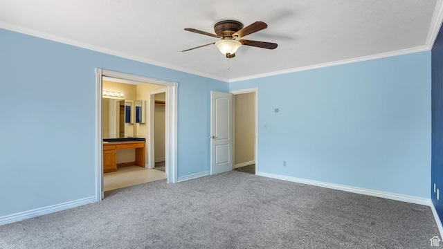 1580 E 1630 N, North Logan, UT 84341 - unfurnished bedroom featuring carpet flooring, crown molding, baseboards, connected bathroom, and a ceiling fan