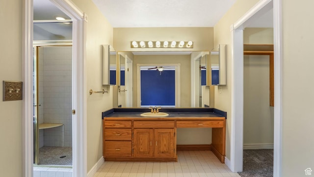 1580 E 1630 N, North Logan, UT 84341 - full bathroom with a shower stall, ceiling fan, vanity, and baseboards