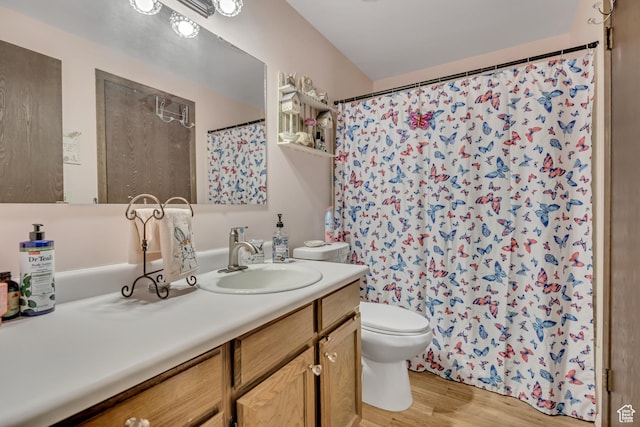 1219 W Middlesex Rd, Taylorsville, UT 84123 - bathroom featuring vanity, toilet, wood finished floors, and a shower with curtain