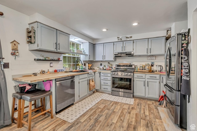 1219 W Middlesex Rd, Taylorsville, UT 84123 - kitchen featuring appliances with stainless steel finishes, under cabinet range hood, light wood-style flooring, gray cabinetry, and recessed lighting
