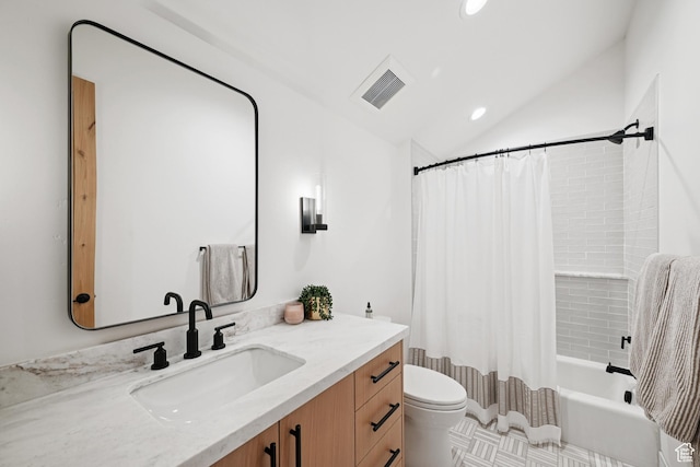 1988 Stone Creek Rd Unit 19, Park City, UT 84098 - bathroom with vanity, lofted ceiling, shower / bathtub combination with curtain, recessed lighting, and tile patterned floors