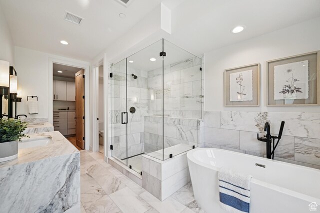 1990 Stone Creek Rd Unit 20, Park City, UT 84098 - full bathroom with a stall shower, vanity, a soaking tub, recessed lighting, and marble tiled flooring