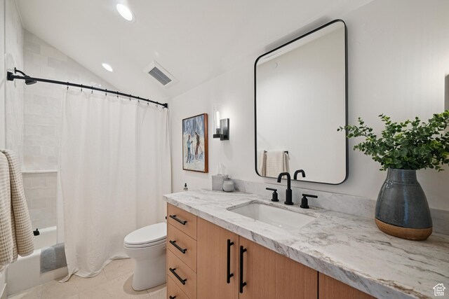 1990 Stone Creek Rd Unit 20, Park City, UT 84098 - bathroom with vanity, toilet, shower / tub combo, lofted ceiling, and recessed lighting