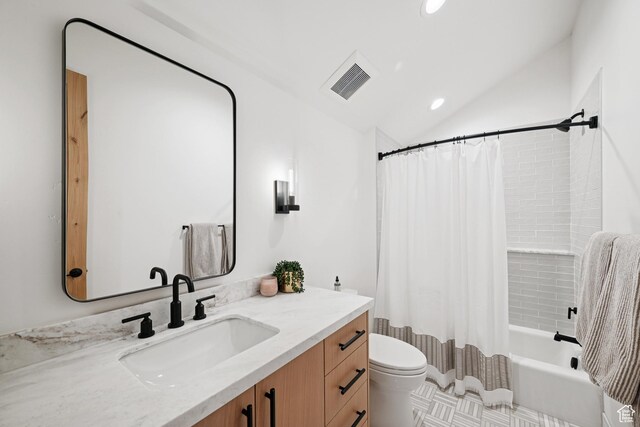 1990 Stone Creek Rd Unit 20, Park City, UT 84098 - bathroom with vanity, lofted ceiling, shower / bathtub combination with curtain, recessed lighting, and tile patterned floors